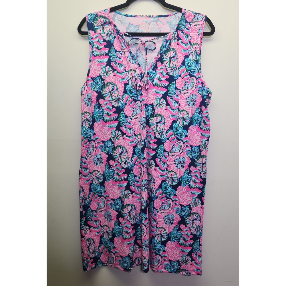 Lilly Pulitzer Johana Coverup Dress Oyster Bay Navy Shroom with a View L Tassels
